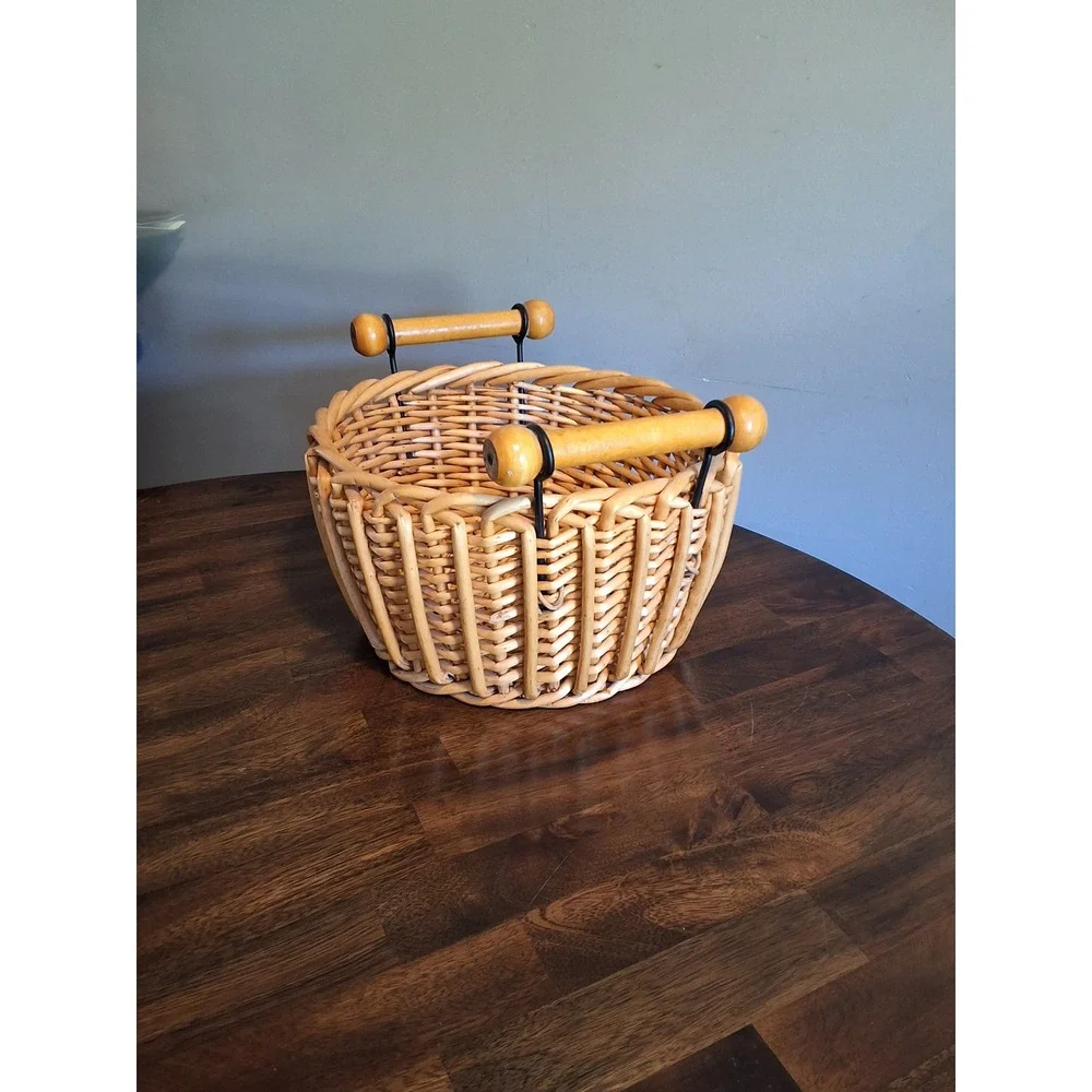 Vintage Round Wicker Basket with Wood Dowel Handles Natural Rattan Storage 10in